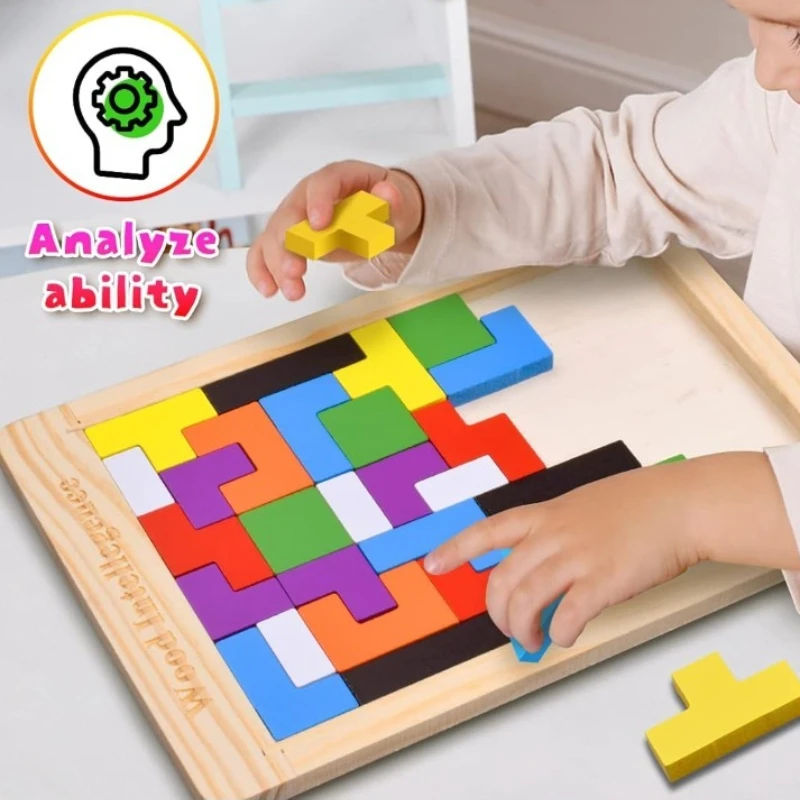 Puzzle in legno Spessi colorati Blocchi russi 3D Rompicapo Giocattolo Apprendimento Jigsaw Giocattoli Colorati blocchi russi 3D Gioco