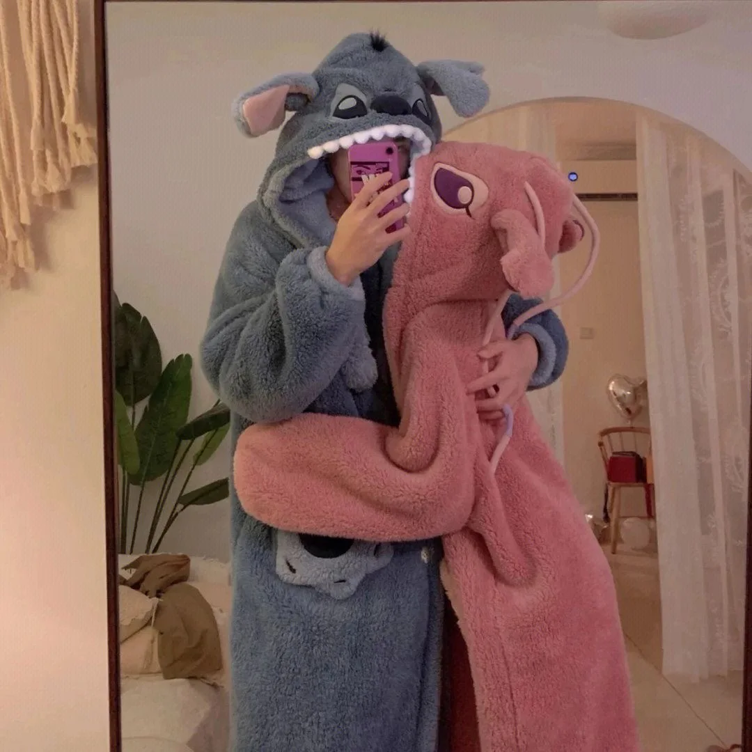 Cute Stitch Home Clothes Women Men Plush Soft Nightgown Robes Y2k Cute Thick Pajamas Kawaii Long Coat Cartoon Flannel Bathrobe