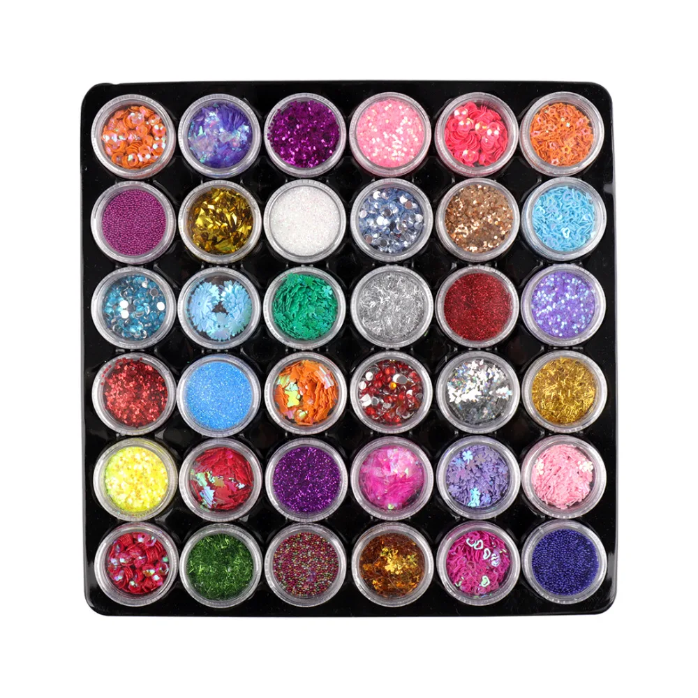 Nail Glitter Flakes, Sequins, Rhinestones, Caviar Beads Foils, Charm, DIY Nail Art Decoration, Manicure Accessories, 36 Colors