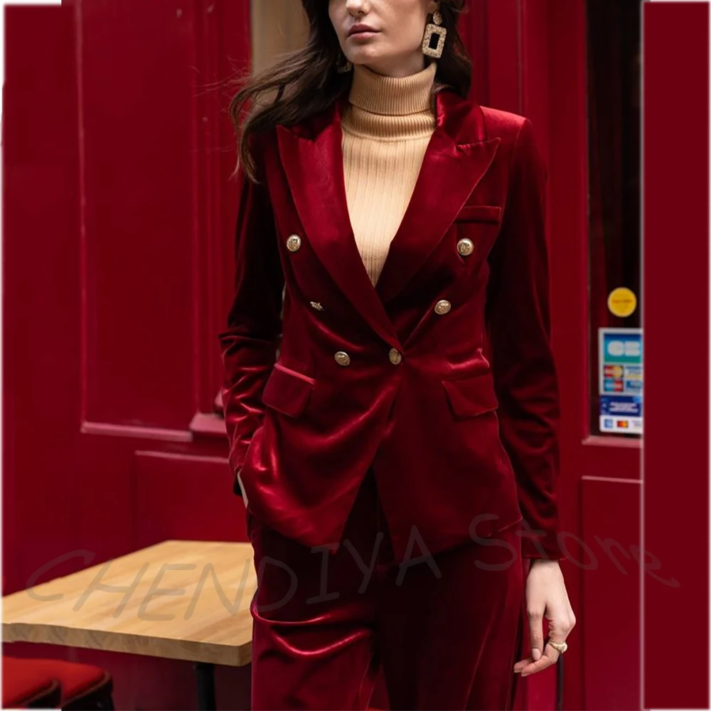 Customized Women's Suit Elegant Velvet Double Breasted Blazer Set Two Pieces Slim Fitted Peaked Lapel Daily Office Lady Wear