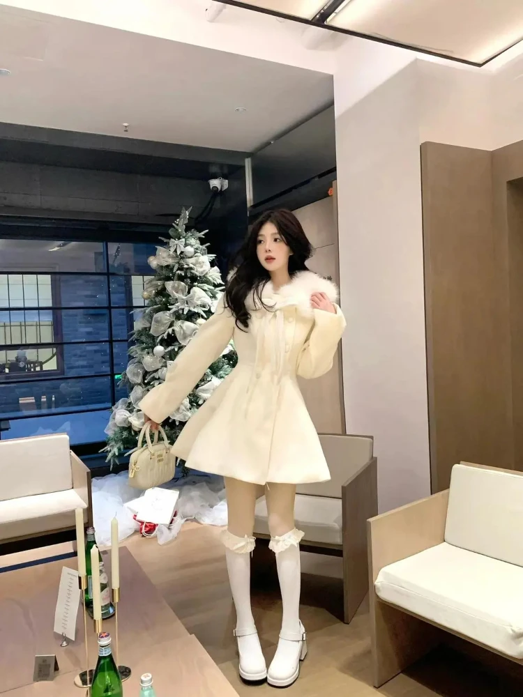 Kerst Lolita Kawaii Lange Mouw Lange Mix Vrouwen Casual Pure Kleur Jas Zoete Anime Knop Patchwork Strikken 2025, Herfst