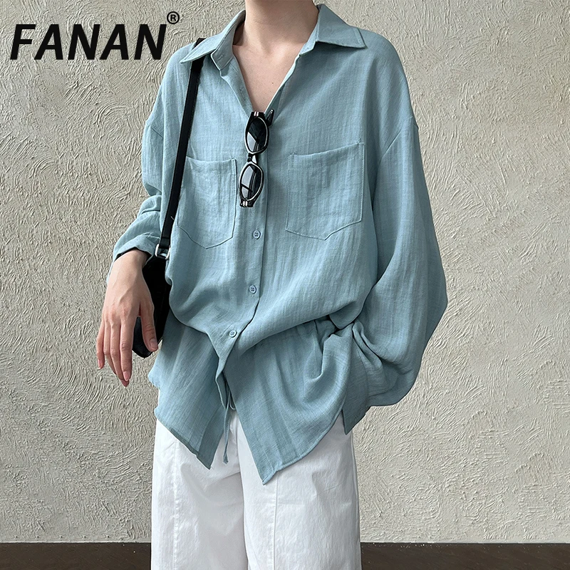 

FANAN Office Lady Double Pockets Design Shirts For Women Lapel Single Breasted Drawstring Fit Blouses Female 2025 Summer New