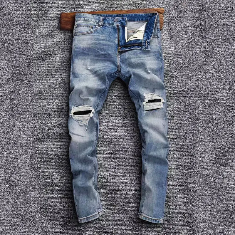 

Streetwear Fashion Men Jeans High Quality Retro Blue Stretch Slim Fit Hole Ripped Jeans Men Patched Designer Hip Hop Denim Pants