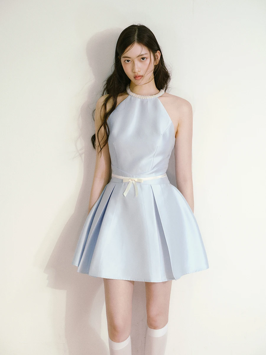 REDDACHiC レディース パール ホルター パーティードレス エレガント サテン オフショルダー リボン プリーツ ミニドレス 卒業式 フォーマル 夏 ワンピース