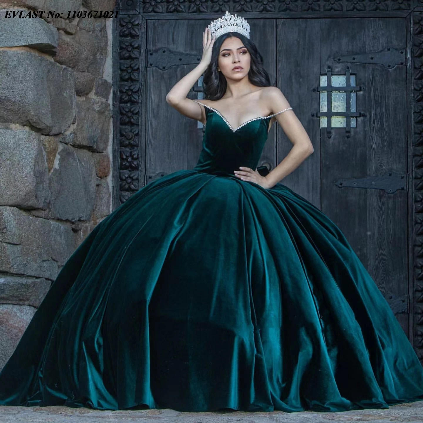 EVLAST-vestido De baile De quinceañera verde De terciopelo mexicano, apliques con cuentas De cristales, corsé con lazo, dulce 16 Vestidos De XV Anos SQ338