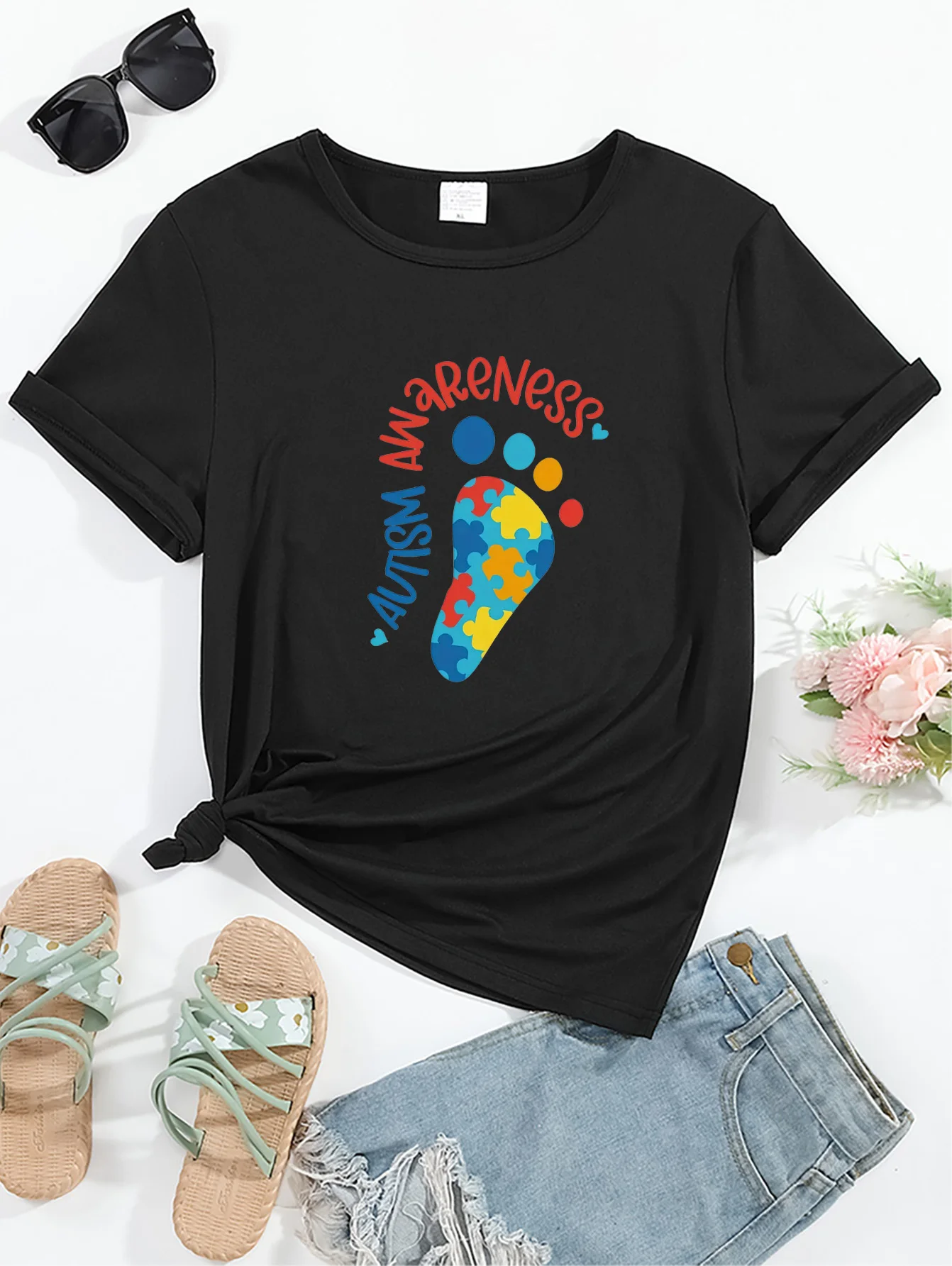 Autism Awareness Footprint Graphic Sports Tee, Round Neck Short Sleeves Running Casual T-shirt, Women's Activewear