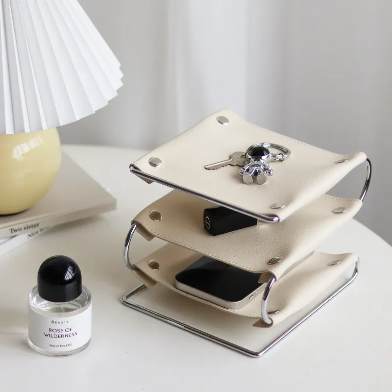 Ins‑Style Desktop Storage Organizer, Multi‑Tier PU Leather & Metal Tray, Entryway Living Room Key Sundries Storage Box