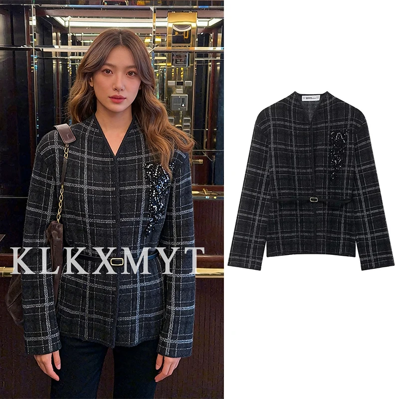 

Женская декоративная куртка с ювелирными изделиями, осень-зима 2021, новое пальто с клетчатым принтом и длинными рукавами и круглым вырезом с поясом, женская модная верхняя одежда
