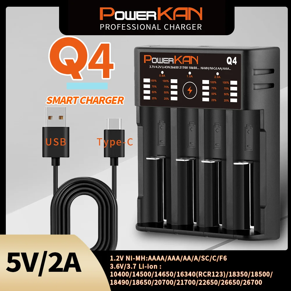 Powerkan Q4 4 Slot Fast Charge Battery Chargers Type C Portable Charger for 14500/18650/21700/26650 3.6V/3.7V Lithium Batteries