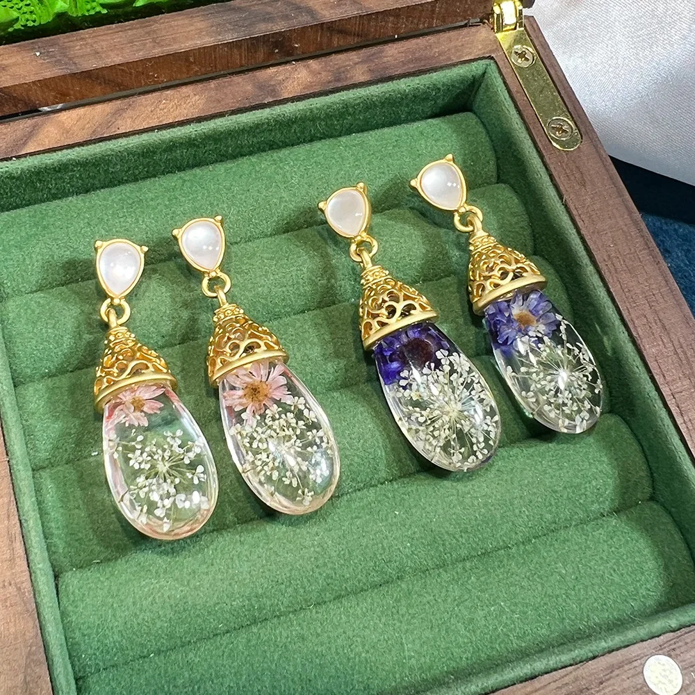 Amber dried flower new water drop earrings, French niche design sense 18K high-end fashion S925 earrings women