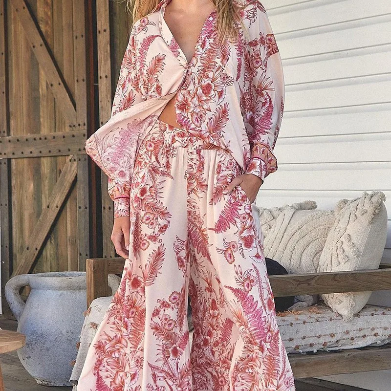 

Women Button Lapel Shirt Cardigan and Wide Leg Pants Set Spring Pattern Print Two Piece Suit New Autumn Long Sleeve Loose Outfit