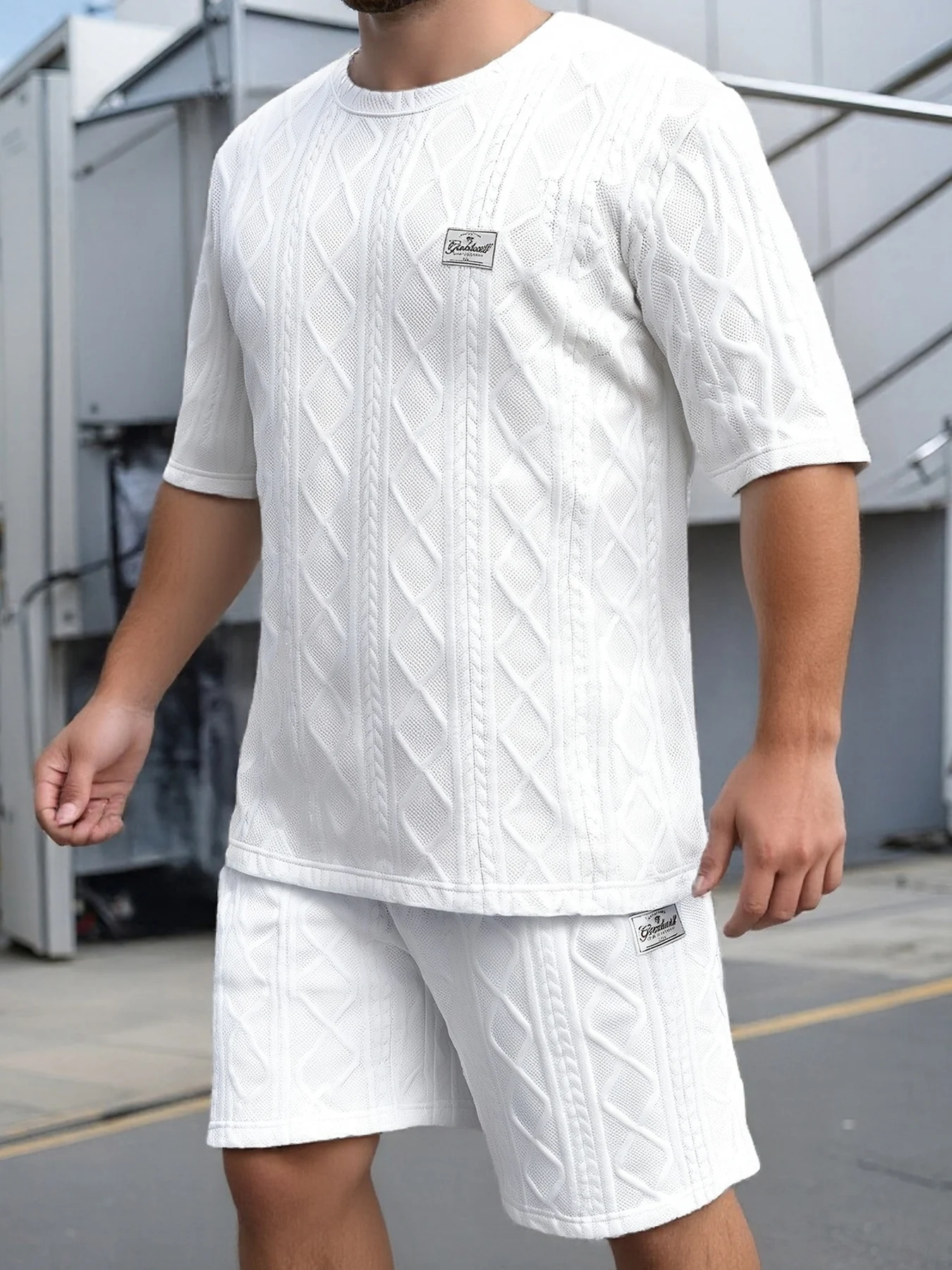 

Men's White Argyle Textured Casual Set 2 Piece Patch Tag Short Sleeve T-Shirt & Drawstring Shorts Outfit