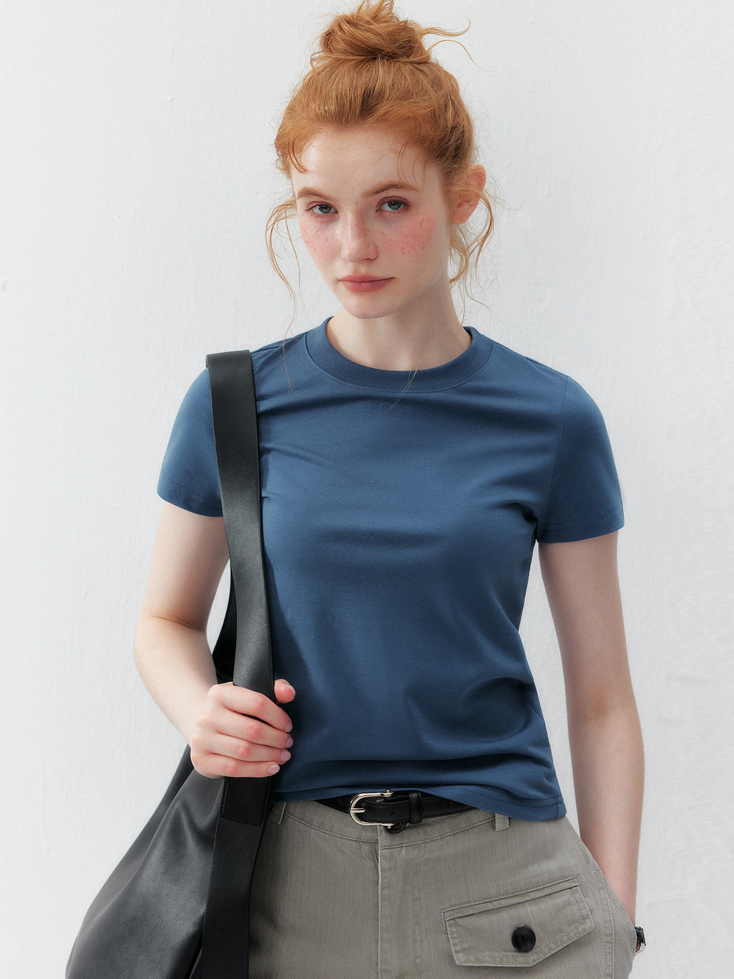 Blue round Neck Short Sleeve T-Shirt Women's Summer Korean Style Elastic Cool Feeling Versatile plus Size Cotton Top