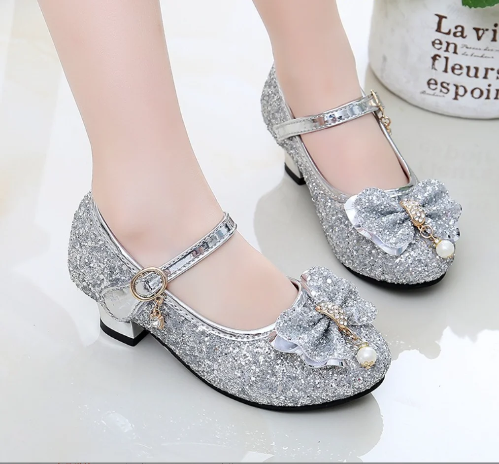 New Children Bowknot Shoes Girls High Heel Princess Dance Sandals for Girls Glitter Soft Leather Fashion Party Dress Wedding Sho - view 6