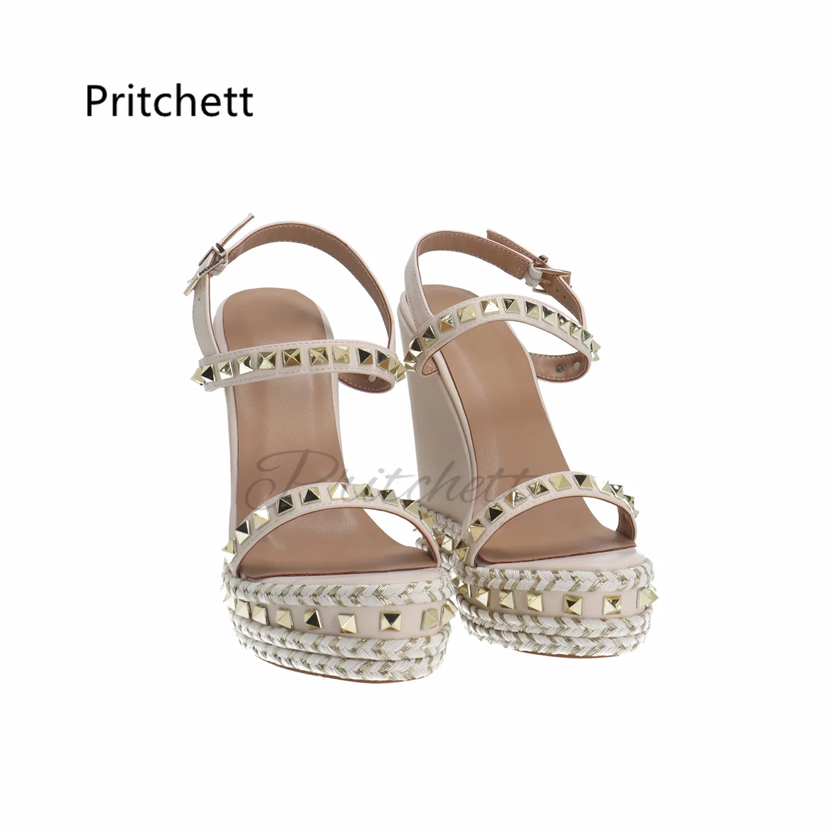 Beige Rivet Espadrilles Wedges Sandals with Heels Platform Buckle Luxury Design Leather Sandals for Women Shoes Custom Color