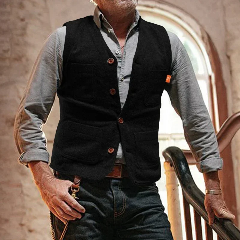 

Vintage Waistcoats Mens Sleeveless V Neck Single Breasted Vest Jacket for Men Spring Fashion Patchs Pockets Design Vest Coat Man