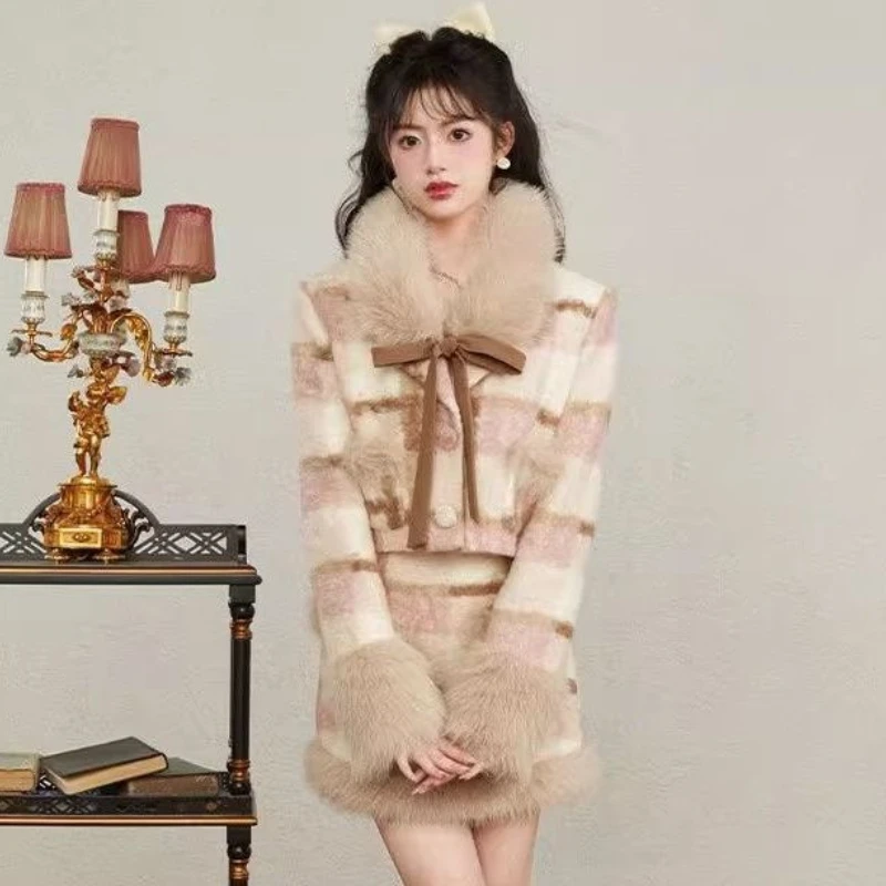 

Cute Winter Warm Fur Vintage Coat + Slim Casual Y2k Mini Skirt Plaid Knitted Suit Woman Korean Fashion 2 Piece Skirt Set Outwear