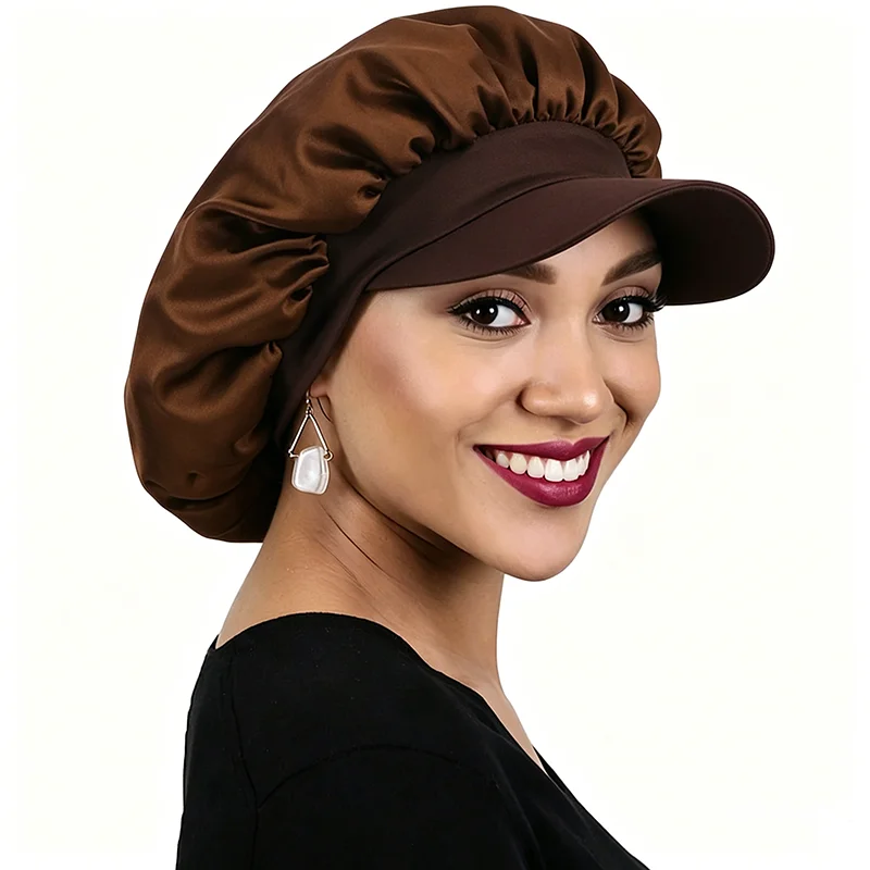 Neue doppellagige Damen-Satin-Hauben mit breiter Krempe für den Outdoor-Sport, Haarschutzkappe mit verstellbarem Gummiband.
