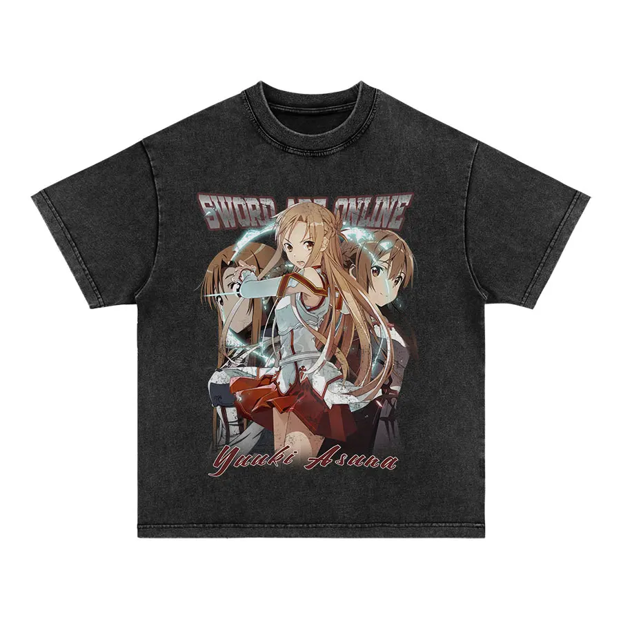 

Винтажная стираная футболка в стиле аниме SAO Sword Art Online, уличная одежда в стиле Харадзюку, футболки с графическим рисунком, летняя хлопковая футболка с короткими рукавами