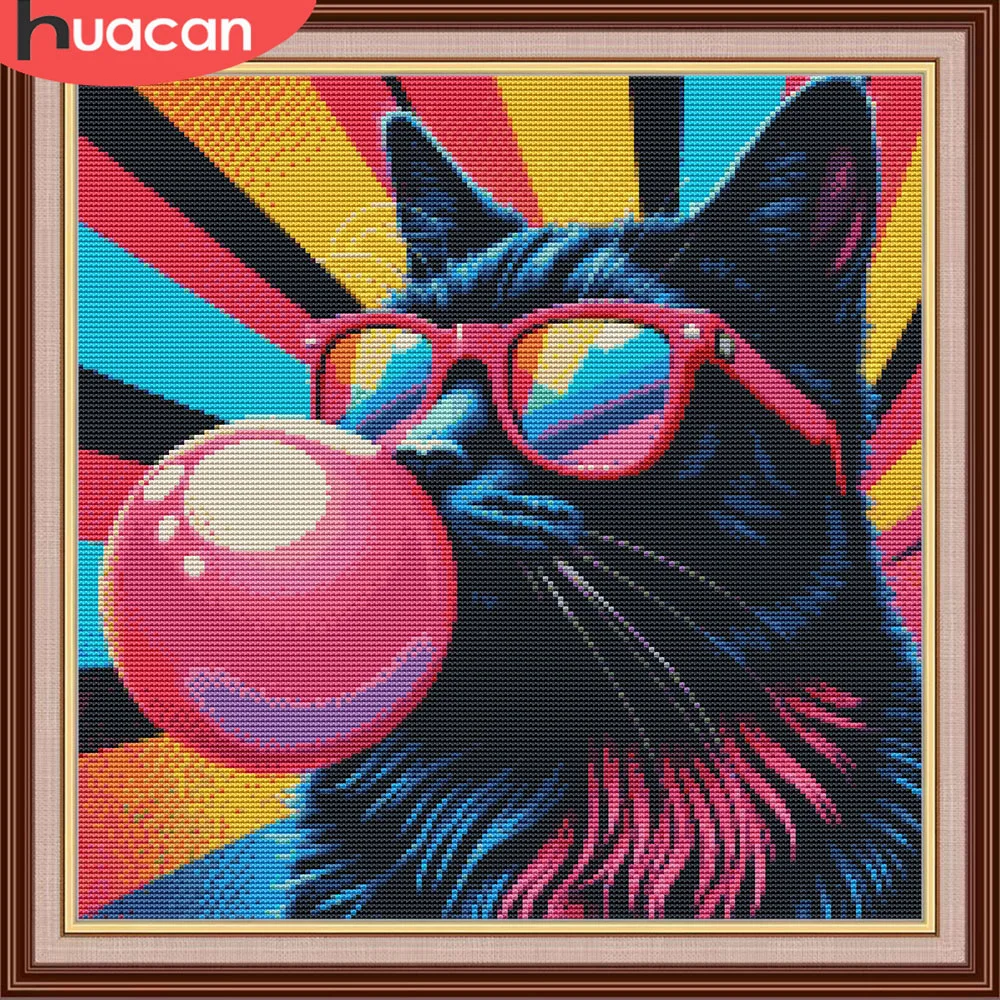 HUACAN Cross Stitch Kits Cat Animal Embroidery Balloon Dmc Threads Wall Decor 11Ct Picture Printed Canvas