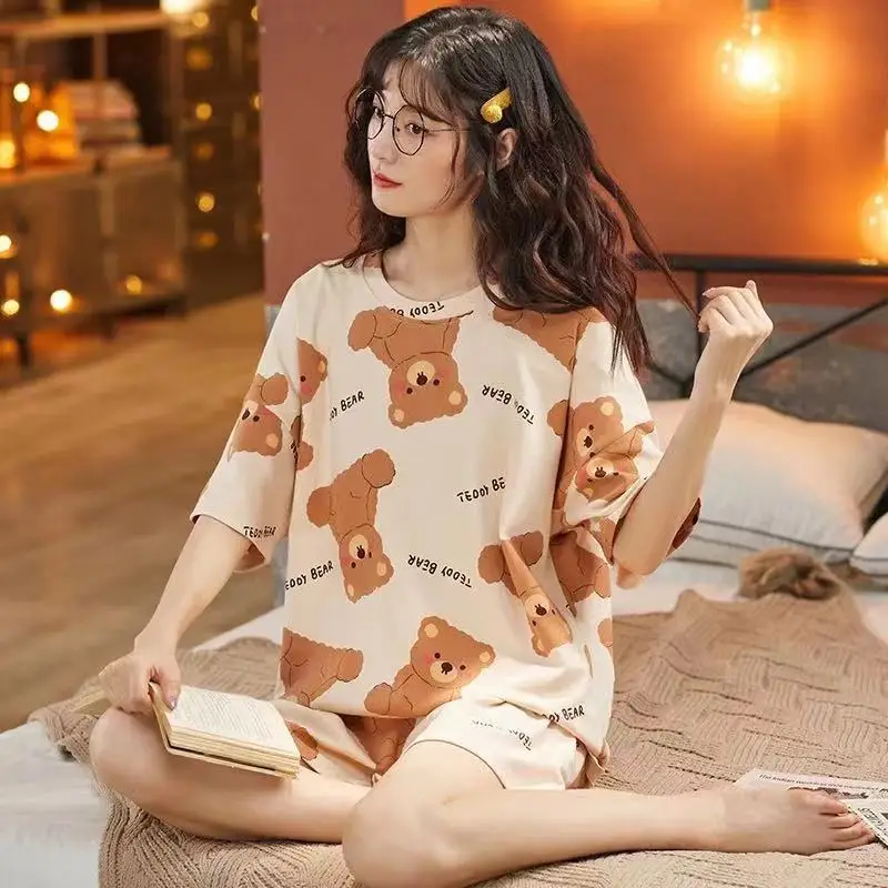 Dark Gray White Bears Biscuits Pattern Print Cute Thin Women's Pajamas Set Short Sleeve Womens 2 Piece Outfit Set Round Neck