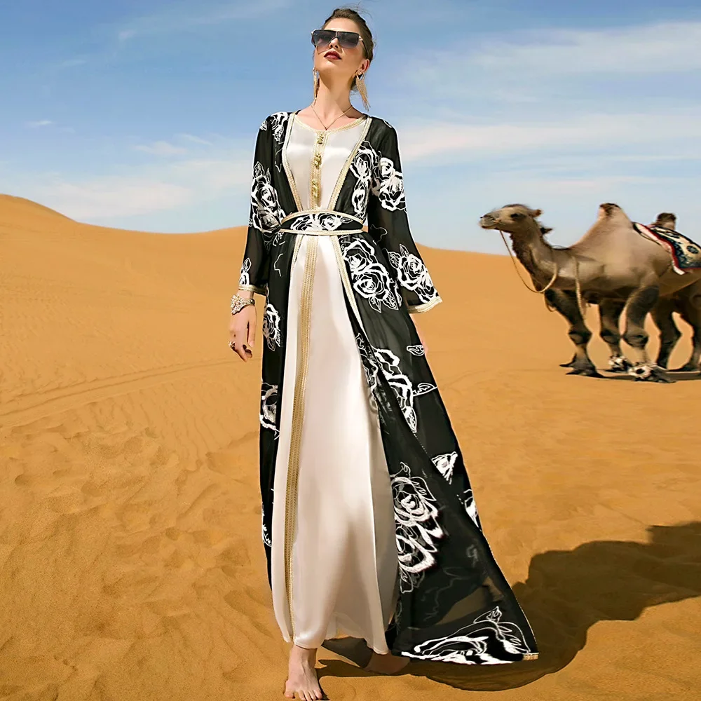 Abito lungo da donna musulmana aperto Abaya in raso con ricamo arabo, lusso islamico, 2 pezzi, abiti da festa, abito da festa, abiti Dubai