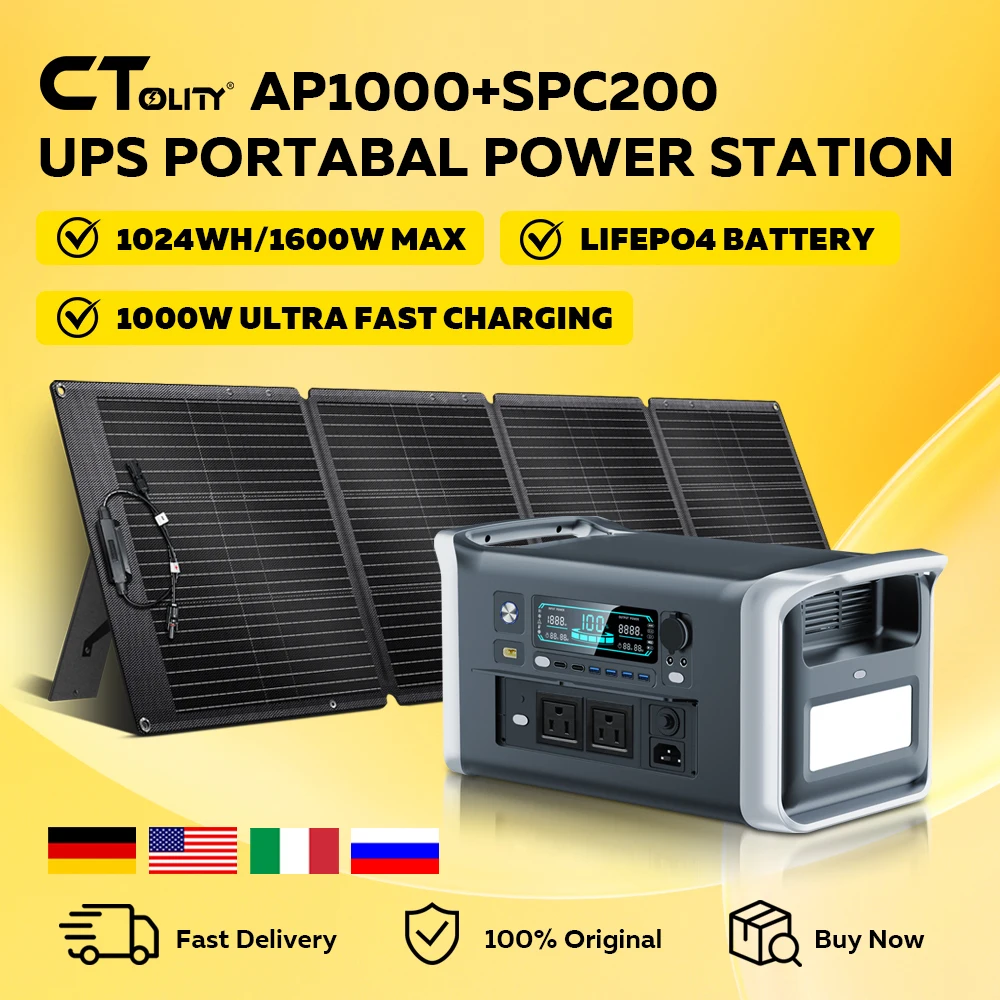

CTOLITY AP1000 1600W Solar Generator+200W 20.5V Solar Panels ETFE Portable Power Station Outdoor Camping Hiking Travel Powerbank