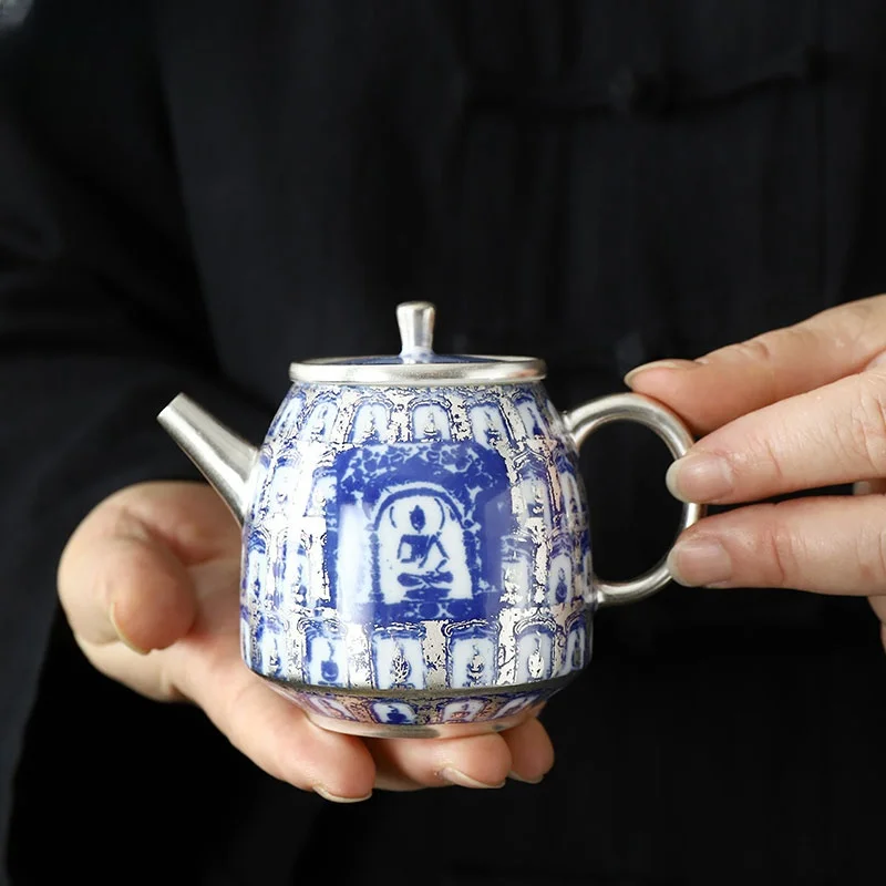 160ML Ceramics Gilded Silver Buddhas Tea Pot, Kung Fu Tea Set, Household High end Tea Pot, Kettle Single Pot Gift Box