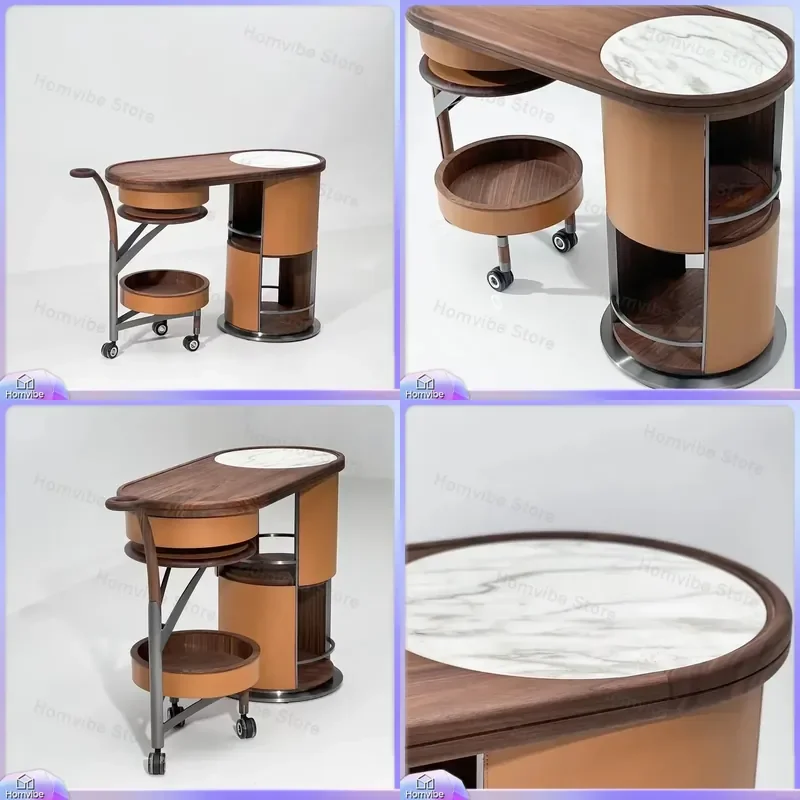 Italian Light Luxury Walnut Leather Art Movable Cart High End Kitchen Island Trolley Rolling Serving Bar Furniture Home Decor