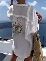 Sommer Frauen lässig Pailletten Augen hemd Mode Strand Stil lose Knopf Sonnenschutz Baumwolle Leinen mittellanges Hemd Frauen