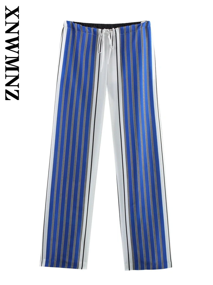 

XNWMNZ 2025 Summer New Woman Casual Lace High Waist Bottoms Trendy Lady drawstring Long Pants Loose Fit Pockets Ruffles Striped