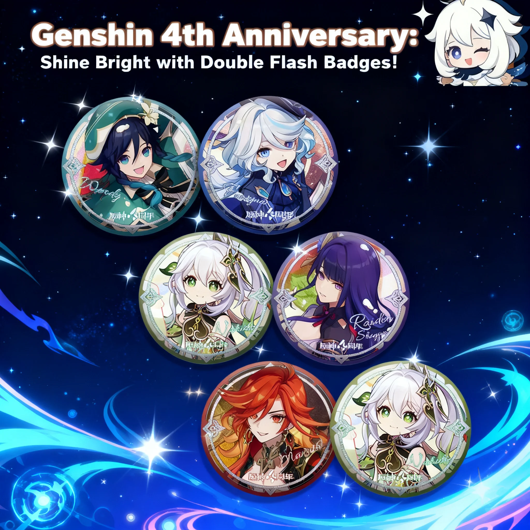 

Genshin Impact 4th Anniversary 58mm Badge Anime 58mm Glossy Pin Focalors Raiden Shogun Zhongli Merchandise Collectible Cosplay