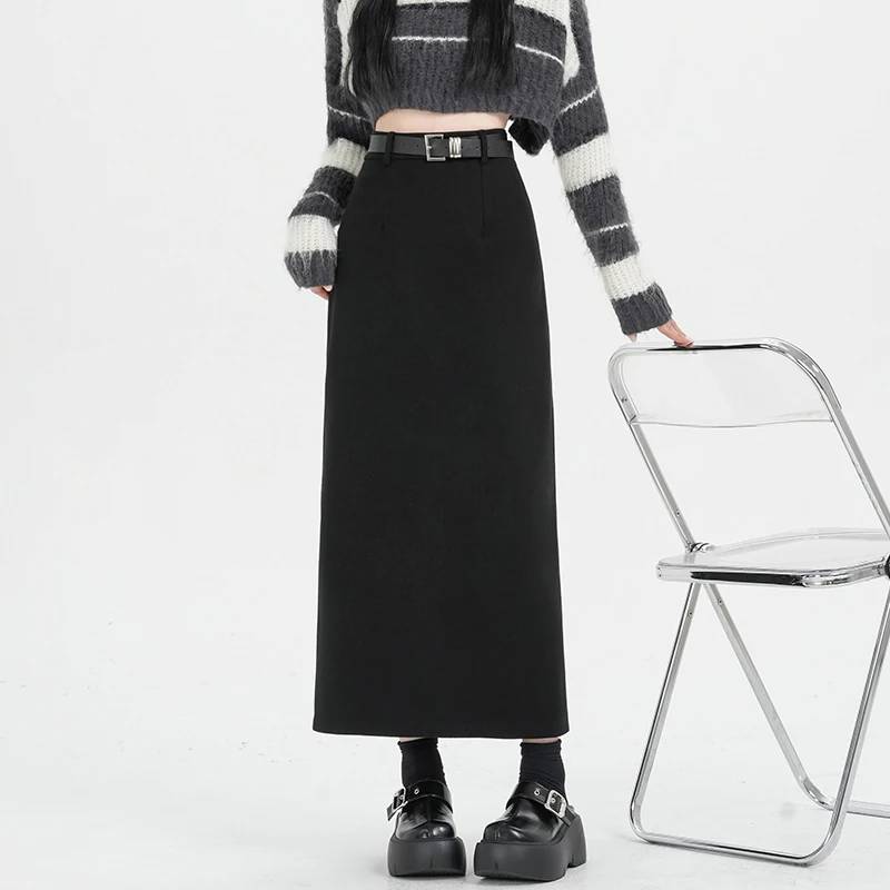  Autumn Winter Vintage Woolen Women's Wrap Skirts 2025 High Waist Korean Solid Back Split Sheath Straight Skirts Female