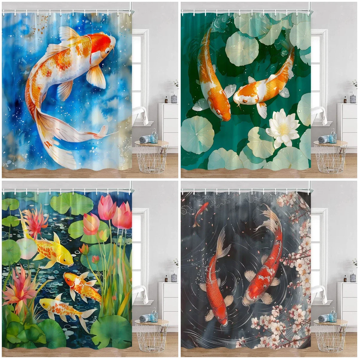 Red Koi Carp Shower Curtains Lotus Leaf Cherry Blossom Good Luck Chinese Bathroom Decorations Vintage  Polyester Bath Curtain