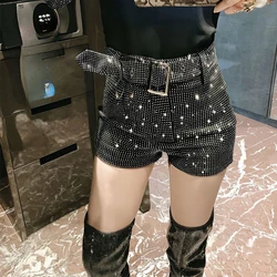 Shorts Women Wide Leg Shorts High Waist Sexy New Fashion Elastic Waist Diamond Casual Hot Pants Female Belt Shorts Jeans Q780
