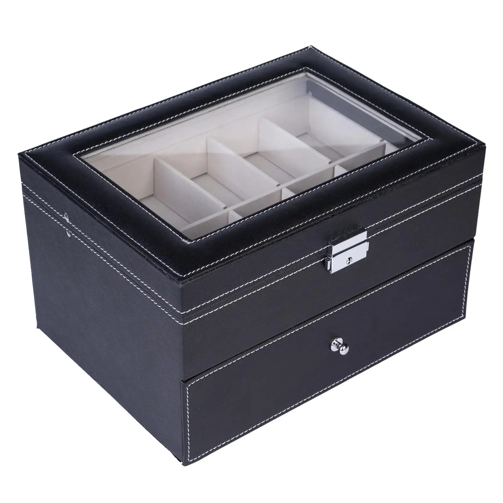 20 Compartment Dual Layer Elegant Black Wooden Watch Display Box