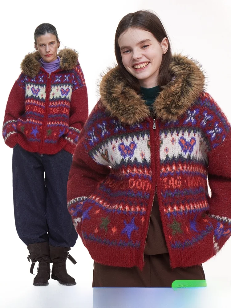 

Laid-ba Red Hooded Knitted Coat with Fur Collar Vintage Sle Loose Fit Polyester Nylon Wool Blend Winter Outerwear for Women