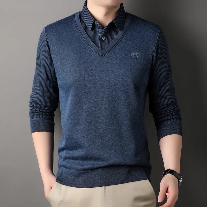 New Autumn Men\'s Polo Collar Shirts Fashion Knitting Pullovers Striped Thick Polo Shirts Slim Fit Korean Mens Top Clothes
