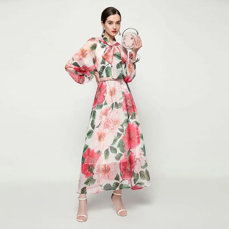 Fashion Designer Runway dress Spring Women Dress Bow collar Floral-Print Bohemia Vacation Elegant Chiffon Dresses