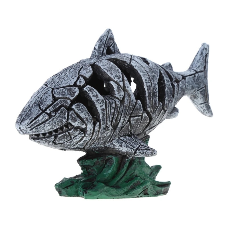 Resin Shark Statue Cracked Animal Sculpture Figurine Art Crafts Ornament for Fish Tank Home Bedroom Office Desktop Decoration