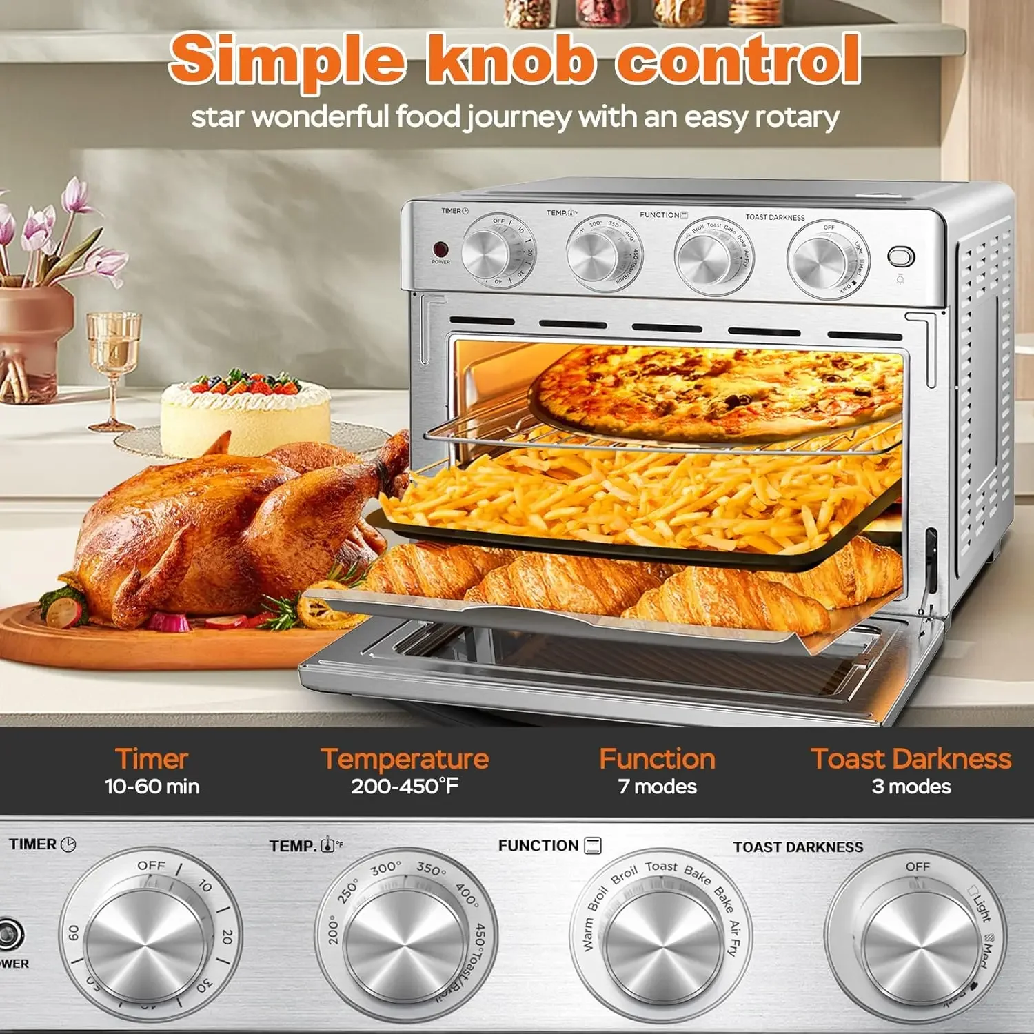 Chef Air Fryer Oven 26 QT, Big Air Fryer, Toast Oven with Bake, Roast, Pizza, Convection Oven, Easy to Use & Clean, 6 Slice