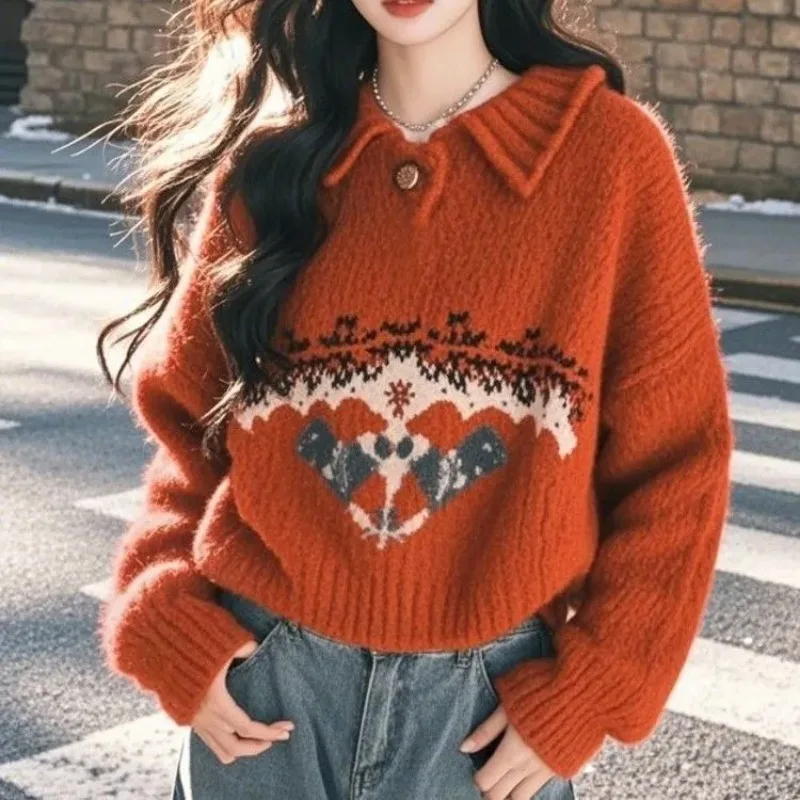 

Женская одежда, осенне-зимний модный корейский принт, красный вязаный женский модный свободный свитер с ленивым ветром, пуловер с длинными рукавами