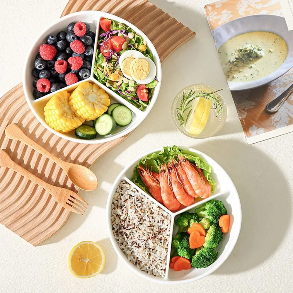 

Тарелка для завтрака с 3 секциями, круглая, белая, с разделителями, большой емкости, с силиконовой крышкой, для приготовления на пару