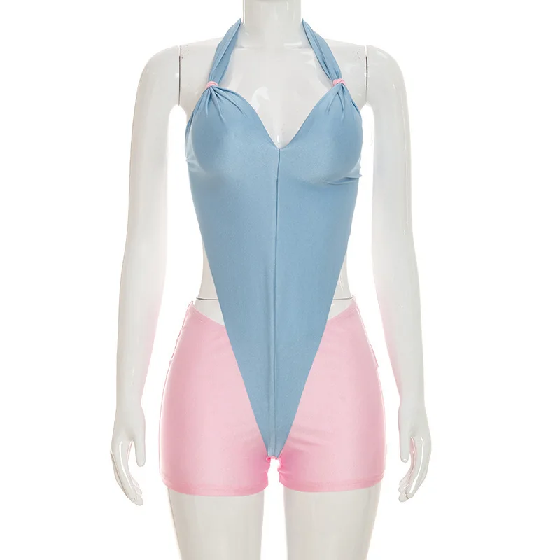 Summer new sexy slim fit hanging neck backless contrasting color bodysuits