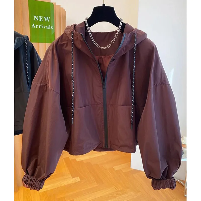 Drawstring Hooded Women's Jacket Coat Solid Color All Match Short Bomber Jacket Female Long Sleeve Casual Coat Women