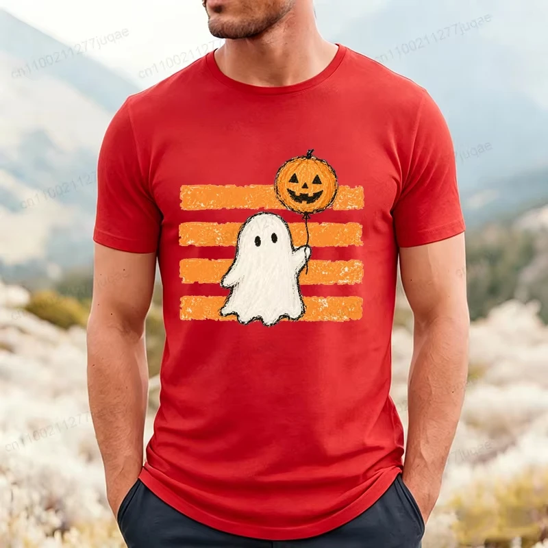 Men Funny Halloween Graphic T‑Shirt Adorable Ghost With Pumpkin Balloon Vintage Stripe Background Print Short Sleeve Tee Casual