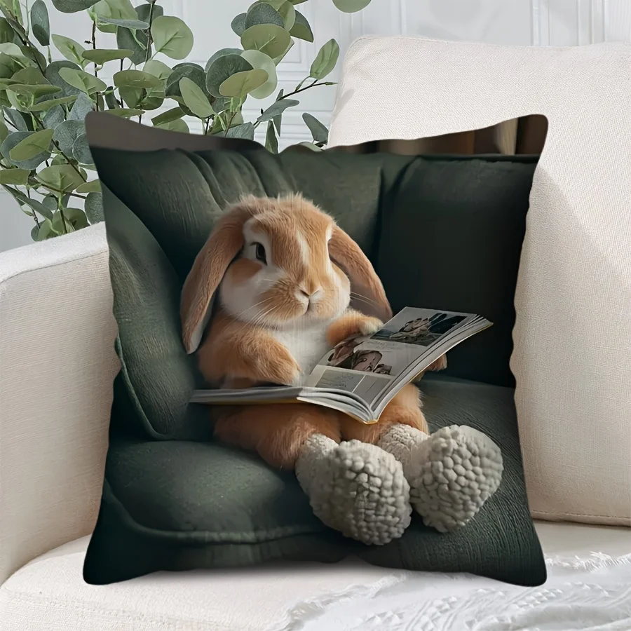 1PC Vibrant Lop Eared Rabbit Pillow Cover - Contemporary Style, Single-sided Print, Zipper, Machine Washable, Home Sofa Decor
