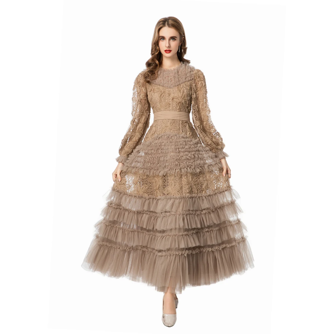 Abiti da donna o collo manica lunga in pizzo e tulle multistrato alla caviglia maxi abiti da ballo per feste