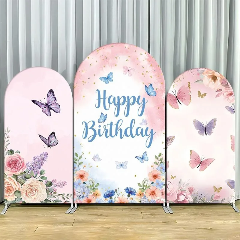 

Single Side Arch Backdrop Cover Elegant Birthday Background featuring soft pink watercolor base with floating butterflies