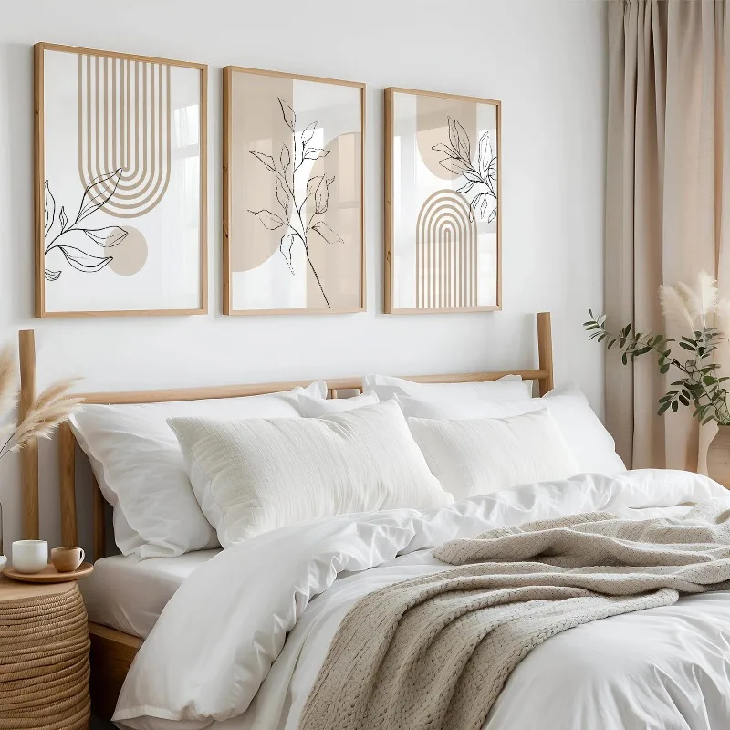 Neutral Wall Art Prints for Modern Minimalist Home Decor, Boho Botanical Posters 3pcs, Japandi Beige Living Room Bedroom Office